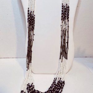 Chico's 11 Strand Silver Tone, Navy Blue and White Seed Bead Necklace (4131)
